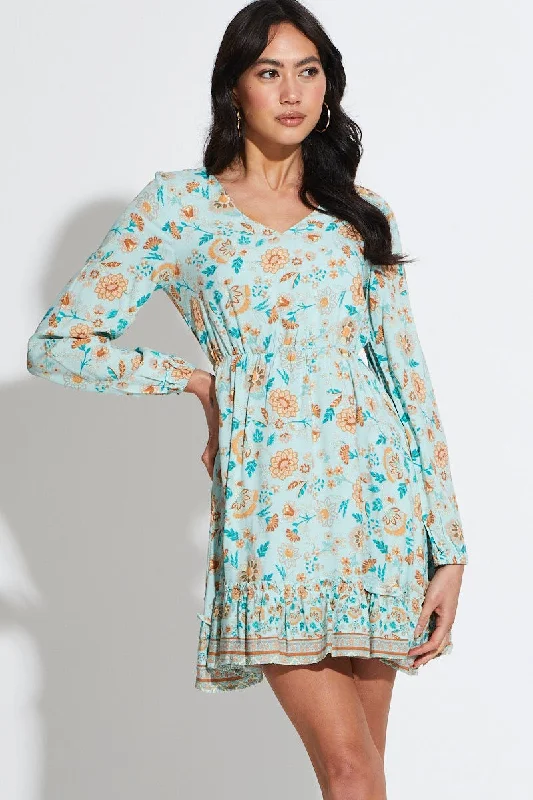 Holographic shimmer dress-Boho Print Mini Dress Long Sleeve V Neck