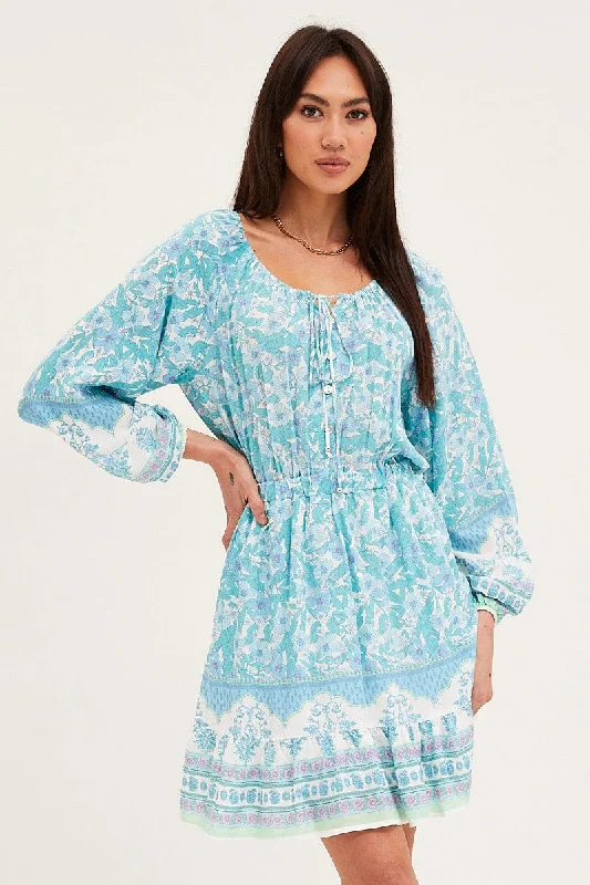 Crystal gala dress-Boho Print Tie Waist Dress Long Sleeve Mini