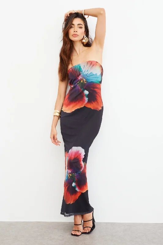 Draped satin dress-BOLD FLORAL BANDEAU MAXI DRESS