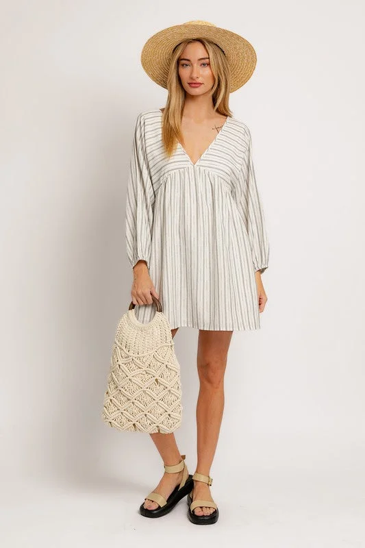 Paneled prom dress-Bon Voyage Striped Cotton Long Sleeve Mini Dress