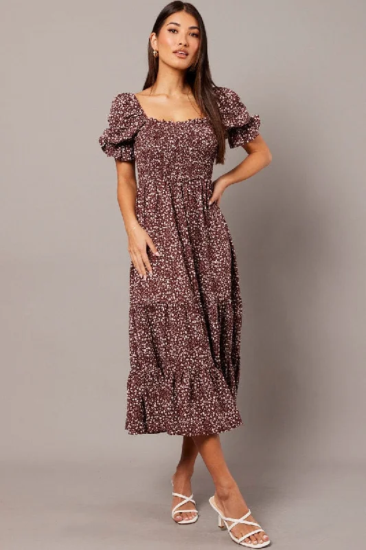 Trip loose dress-Brown Ditsy Maxi Dress Puff Sleeve