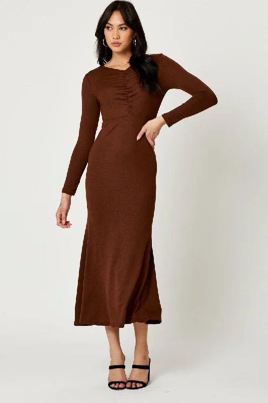 Perforated trendy dress-Brown Gathered Front Midi Dress