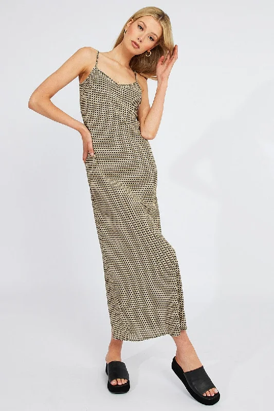 Raw cotton dress-Brown Geo Maxi Dress Bias Cut