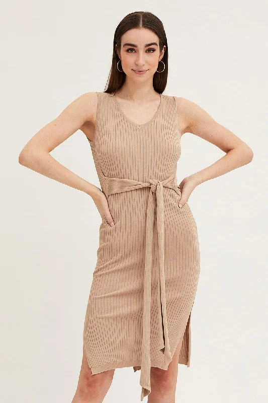 Wavelet cocktail dress-Brown Knit Midi Dress