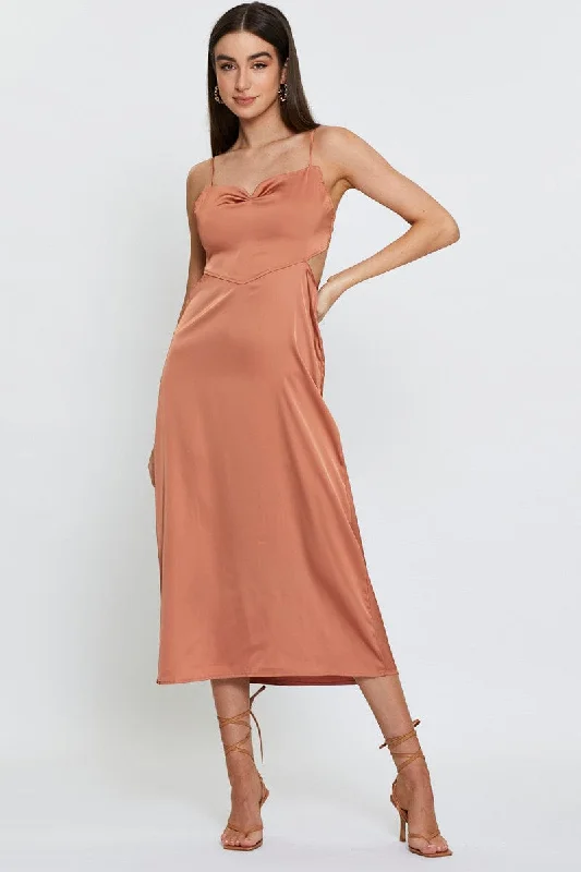 Oasis tropical dress-Brown Midi Dress Cowl Neck Satin