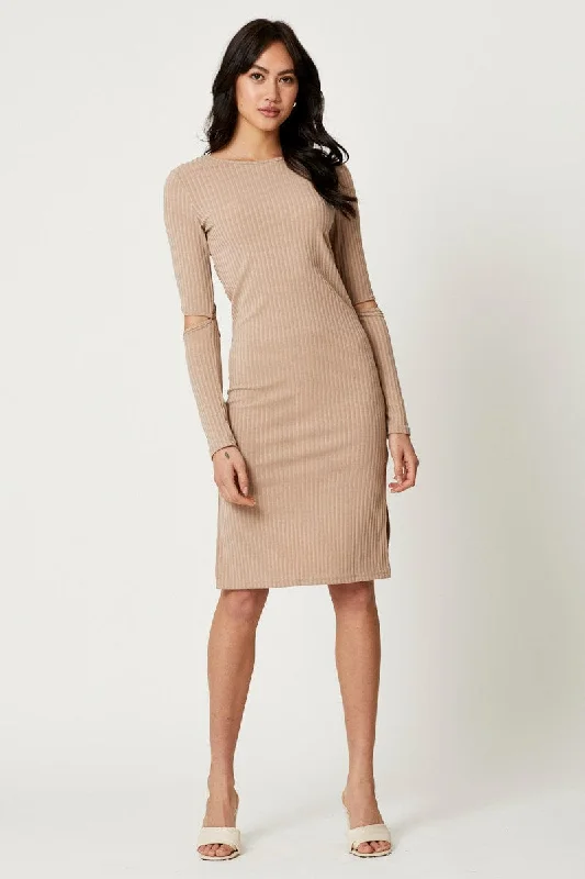 Mist subtle dress-Brown Midi Dress Long Sleeve