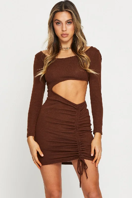 Lagoon trendy dress-Brown Midi Dress Long Sleeve