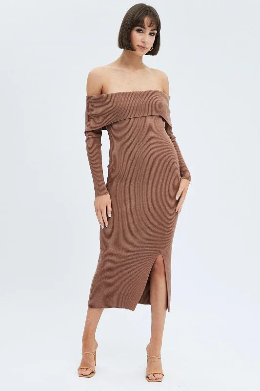 Shell gold dress-Brown Midi Dress Long Sleeve Off Shoulder Bardot Knit