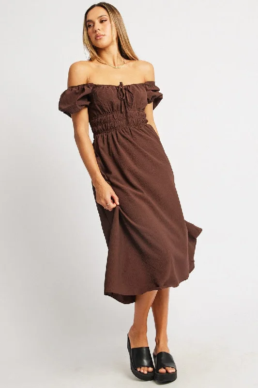 Cool festival dress-Brown Midi Dress Short Sleeve Ruched Bust