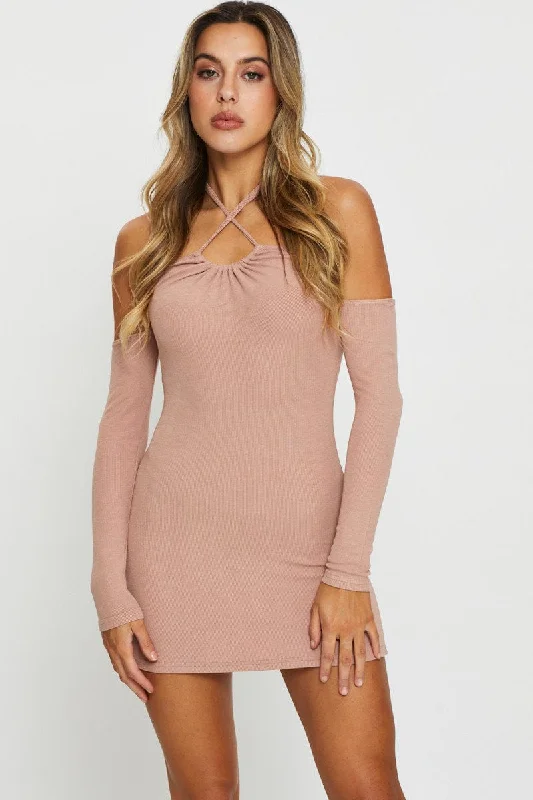 Melon summer dress-Brown Mini Dress Bodycon Halter Neck