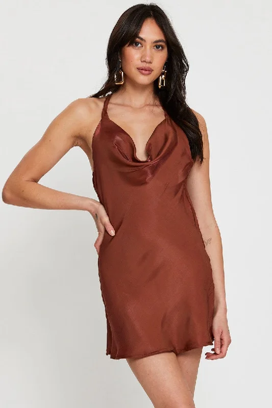 Dance pom-pom dress-Brown Mini Dress Cowl Neck Satin