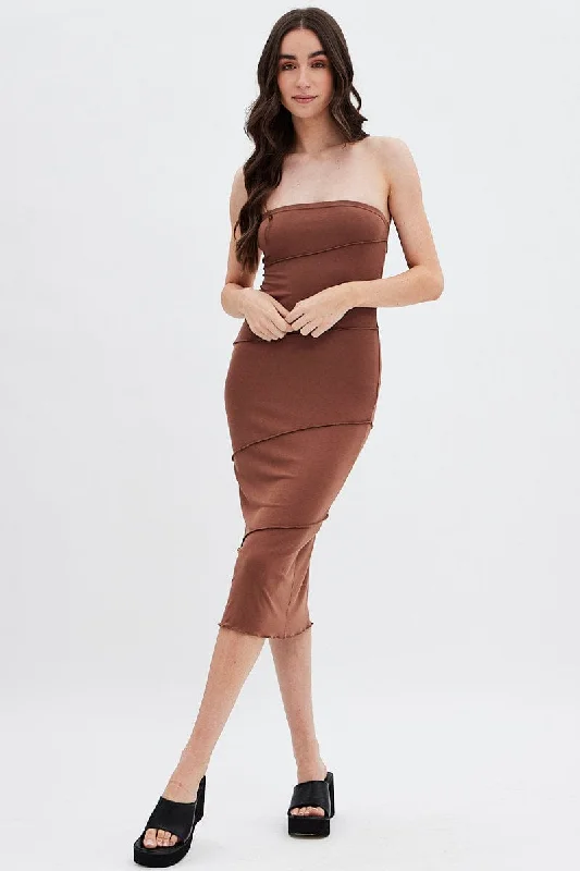 Seed cozy dress-Brown Ribbed Bodycon Midi Dress