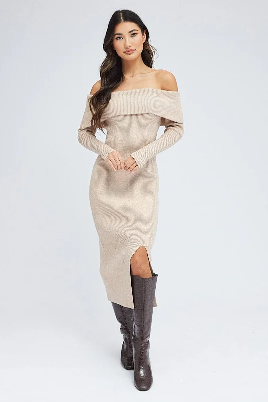 Paneled evening dress-Camel Midi Dress Long Sleeve Off Shoulder Bardot Knit