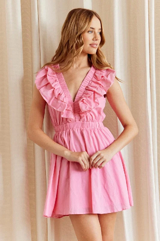 Ikat wrap dress-CANDY PINK Fit And Flare Dress Sleeveless Deep V Frill Mini