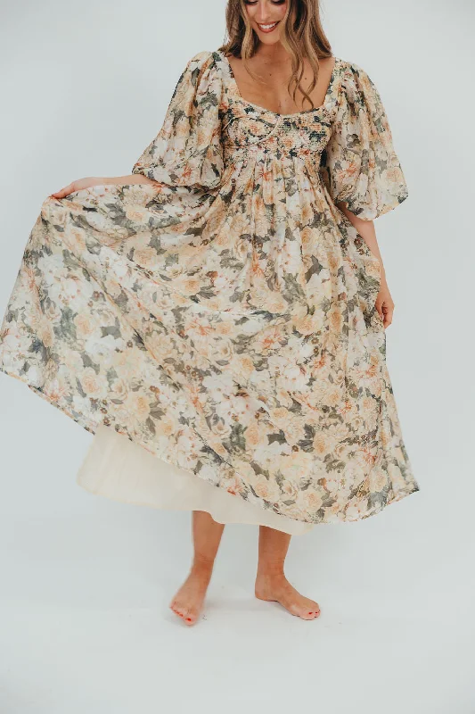 Flocked cozy dress-Harlow Maxi Dress in Champagne Floral - Bump Friendly & Inclusive Sizing (S-3XL)