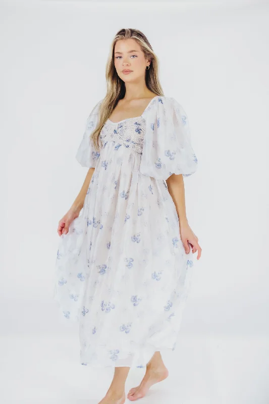 Jacquard mini dress-Harlow Maxi Dress in Muted Blue Floral - Bump Friendly & Inclusive Sizing (S-3XL)