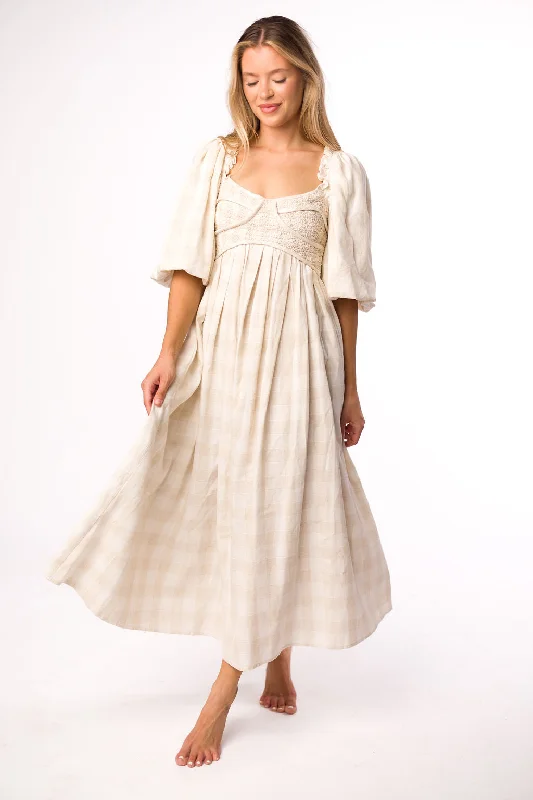 Zoned modern dress-Harlow Maxi Dress in Natural Plaid with Stretchy Neckline - Bump Friendly (S-XL)