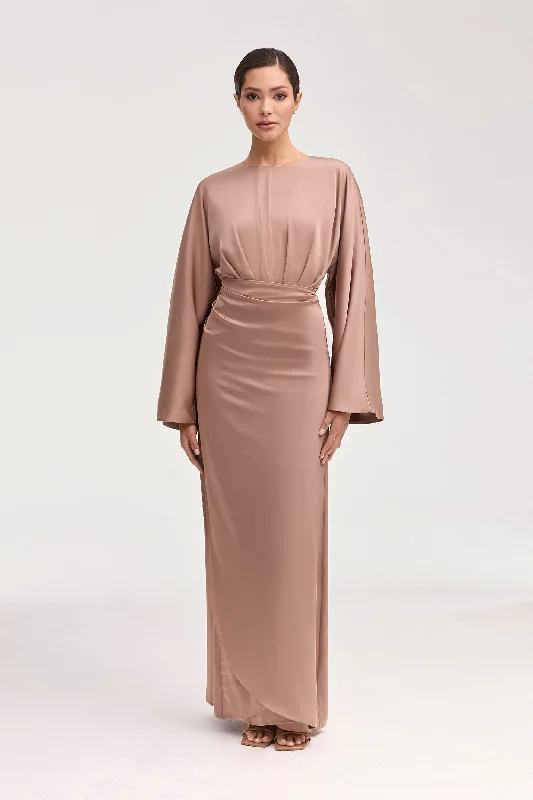 Bubble maternity dress-Cedra Satin Wrap Maxi Dress - Caffe