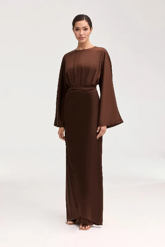 Textured casual dress-Cedra Satin Wrap Maxi Dress - Chocolate