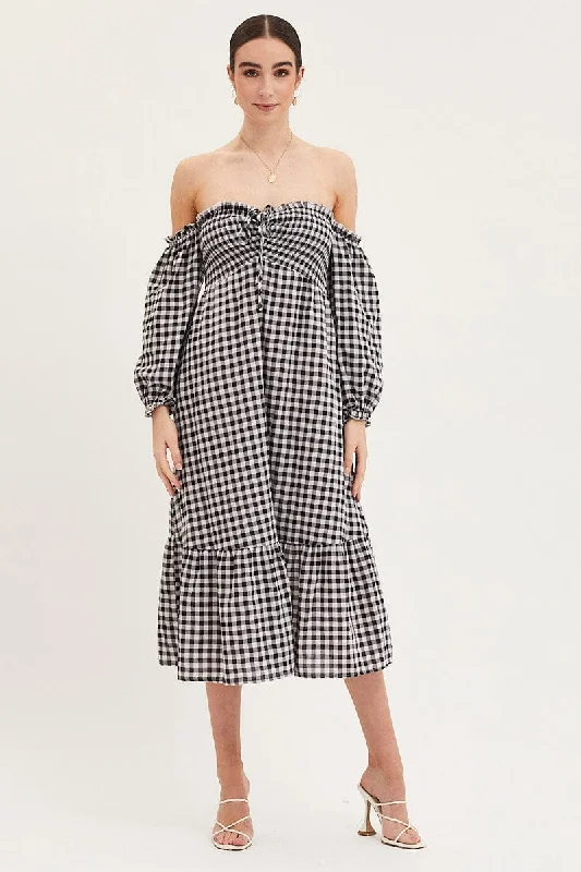 Tiered festival dress-Check Dress Off Shoulder Maxi