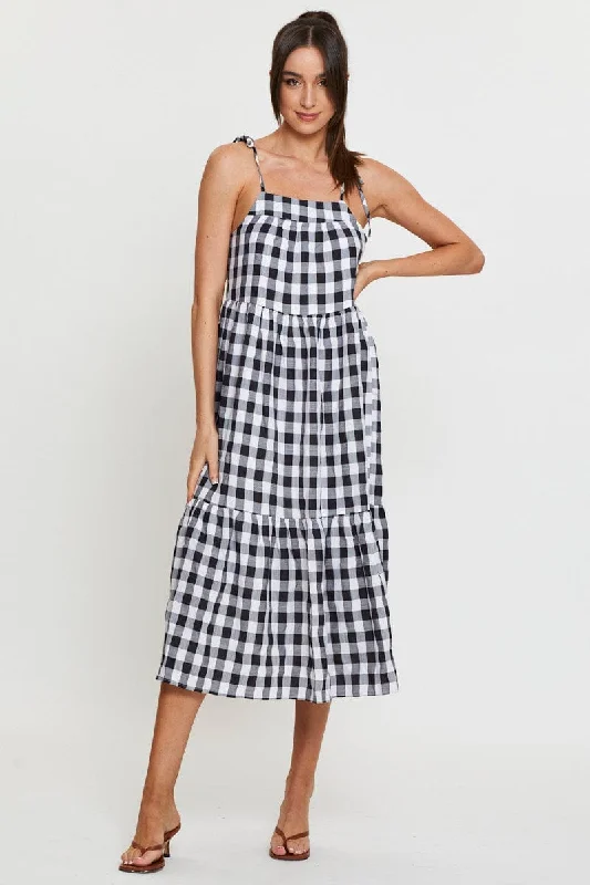 Homespun peasant dress-Check Midi Dress Sleeveless Tie Shoulder