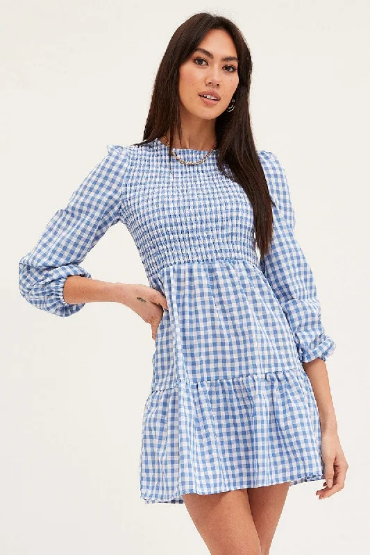 Waffle picnic dress-Check Skater Dress Long Sleeve Mini