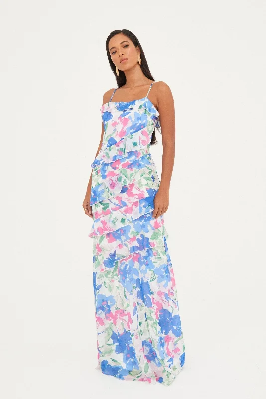 Cloudy overlay dress-CHIFFON PRINTED RUFFLE MAXI DRESS