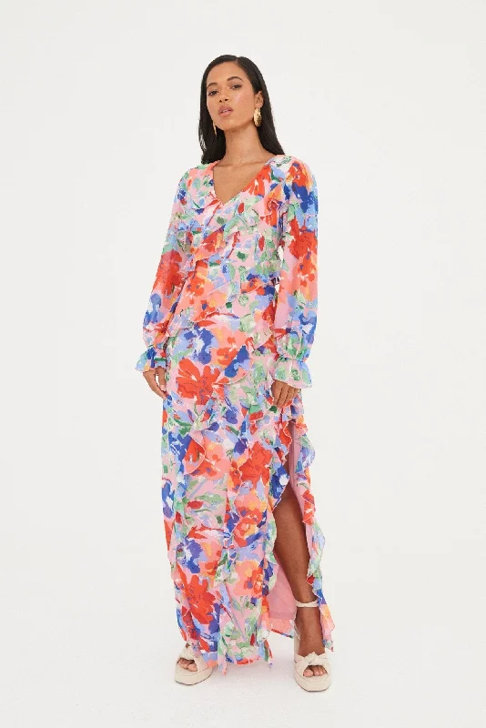 Wavelet party dress-CHIFFON PRINTED RUFFLE  MAXI DRESS