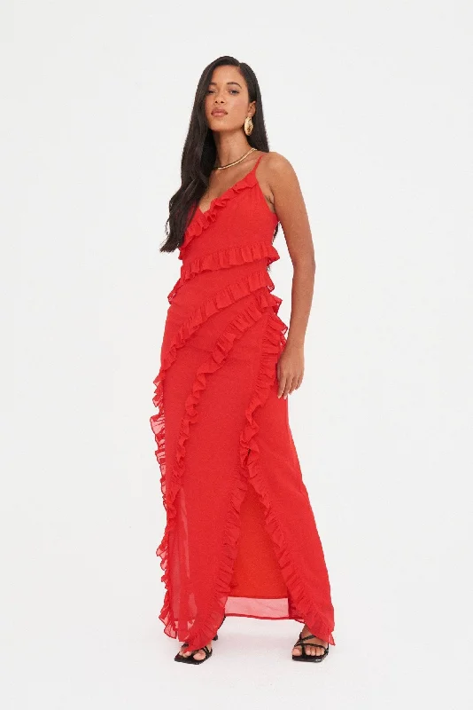 Bleach-dye bohemian dress-CHIFFON RUFFLE  MAXI DRESS