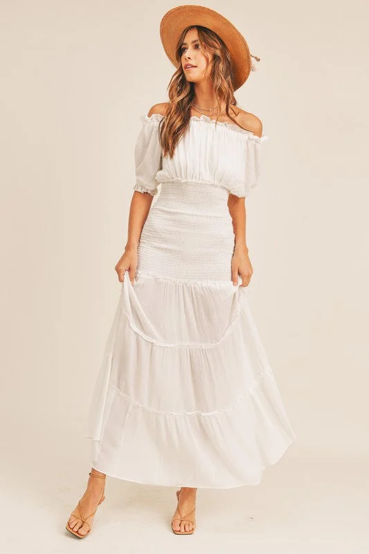 Clingy club dress-Kinley Off Shoulder White Maxi Dress