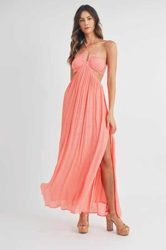 Thyme muted dress-Coral Halter Maxi Dress - Final Sale