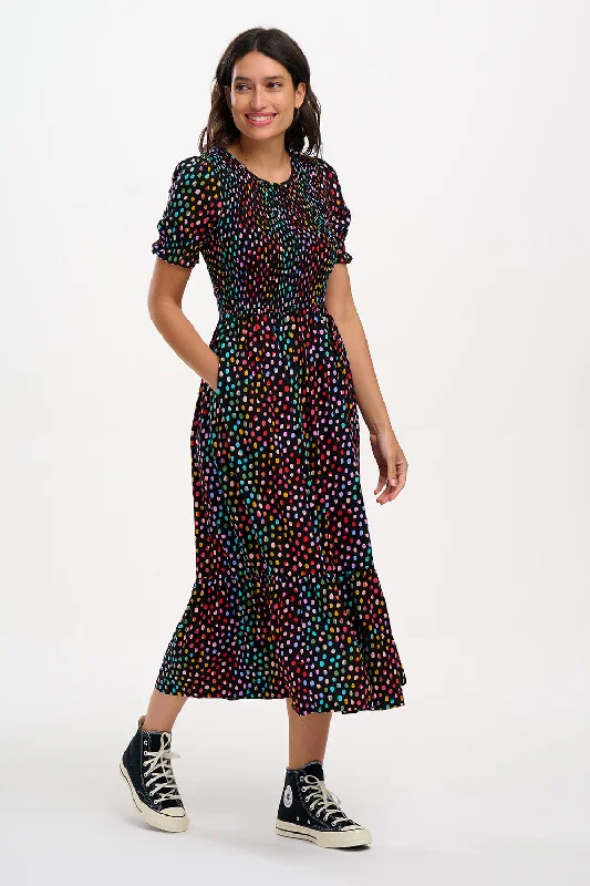 Draped satin dress-Gemma Midi Shirred Dress - Black, Rainbow Pebbles