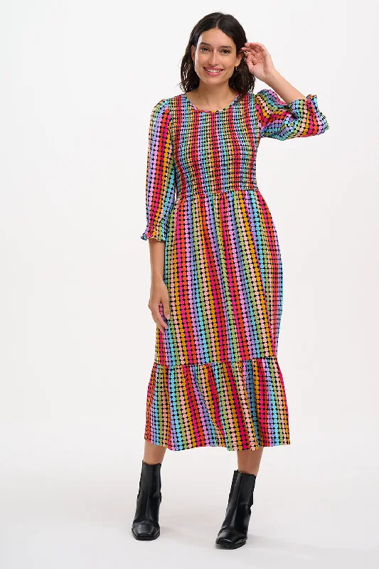 Fleecy wool dress-Quill Shirred Midi Dress - Black, Rainbow Circles