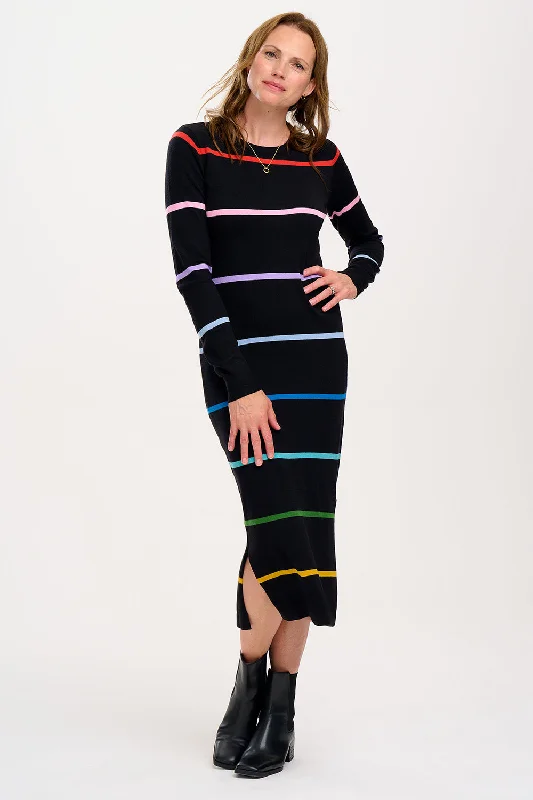 Curved-fit dress-Liselle Midi Knit Dress - Black, Rainbow Stripes