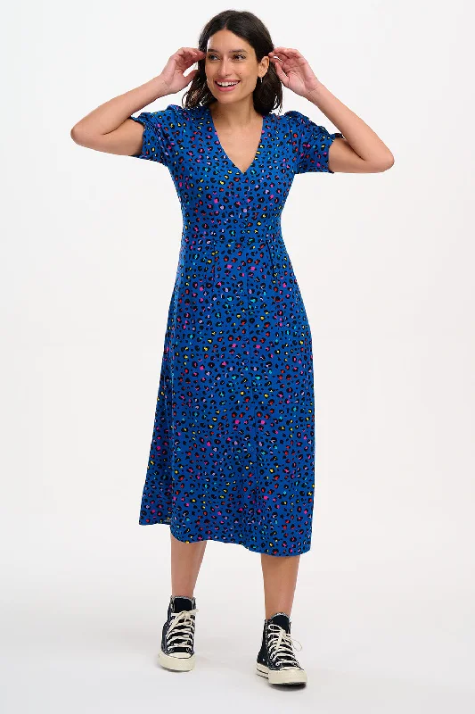 Flannel chic dress-Robyn Midi Tea Dress - Light Navy, Rainbow Leopard