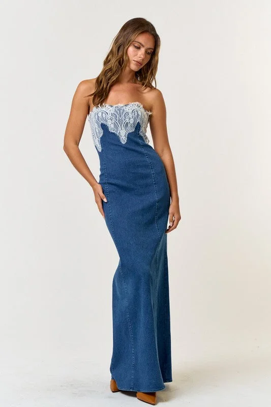 Orchid regal dress-Lovely In Lace 'N Denim Tube Maxi Dress