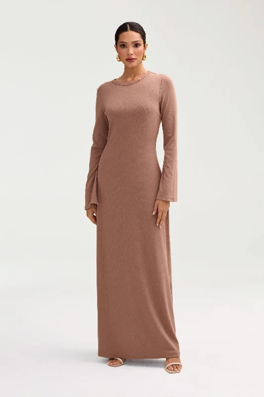 Oasis wrap dress-Ella Ribbed Split Cuff Maxi Dress - Brownie