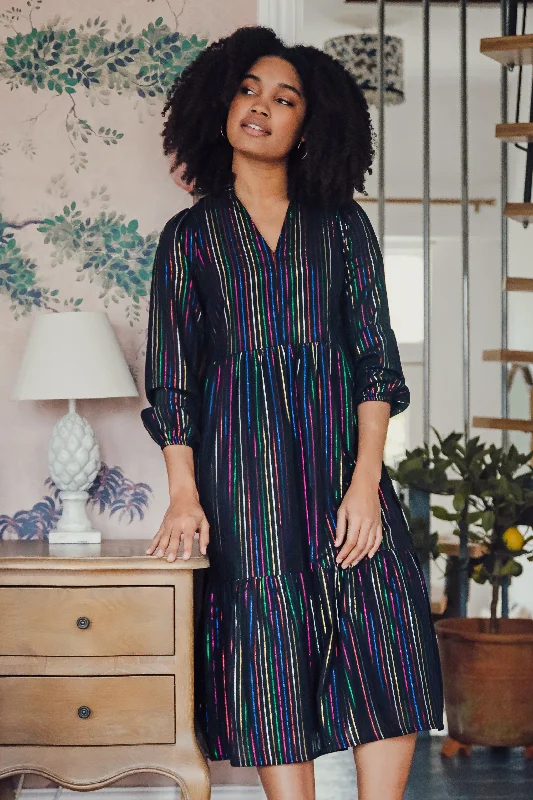 Zebra print dress-Esmeralda Midi Smock Dress - Black, Metallic Rainbow Stripe