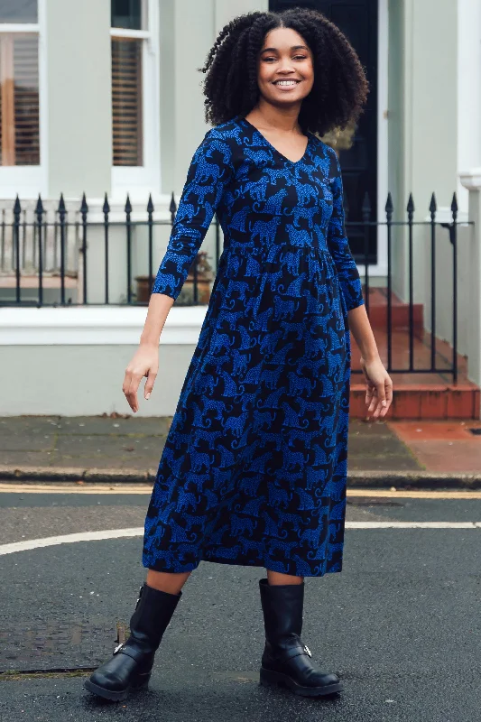 Sheer cotton dress-Evelyn Midi Jersey Dress - Black/Blue, Leopard Spots