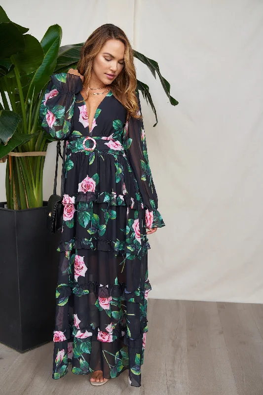 Spiral casual dress-Floral Print Deep V-Neck Maxi Dress