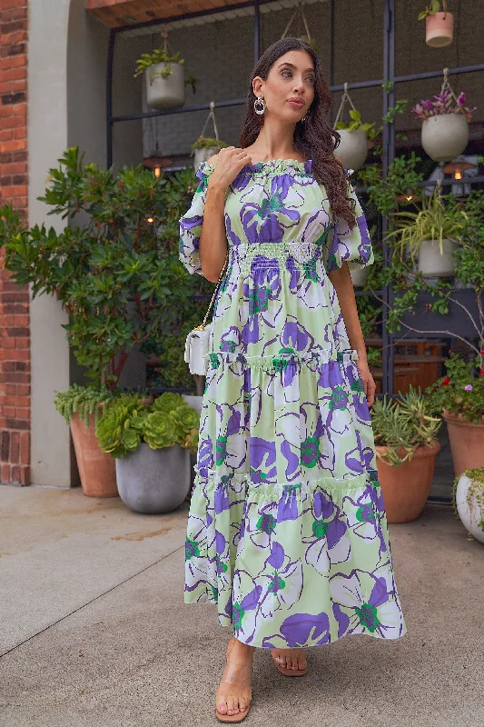 Sack peasant dress-Floral Printed Off the shoulder Maxi Dress