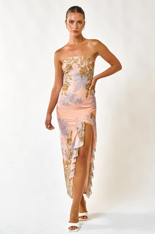 Nostalgic floral dress-Make Your Entrance Ruffle Tube Maxi Dress