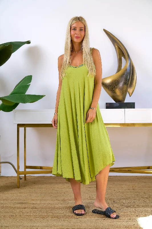 Crystal party dress-Flowy Green Midi Dress