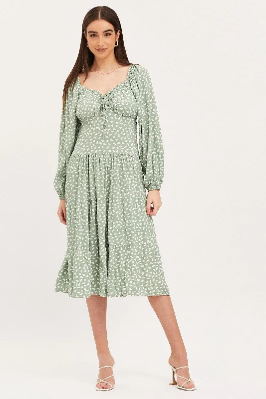 Drawcord relaxed dress-Geo Print Dress Long Sleeve Midi