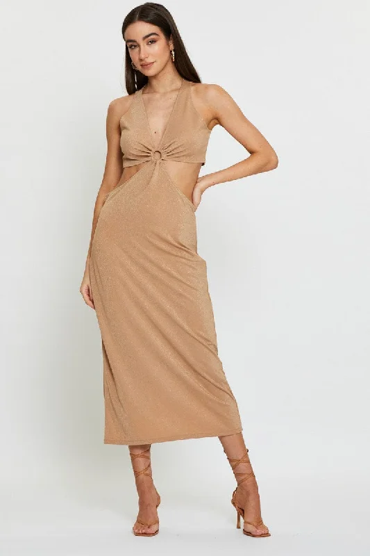 Firm gabardine dress-Gold Midi Dress Sleeveless