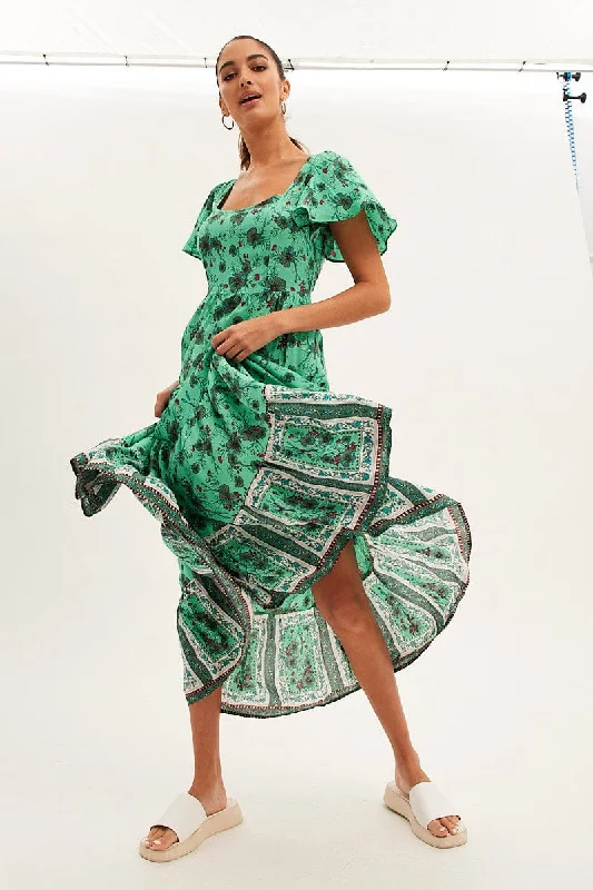 Solid paneled dress-Green Boho Maxi Dress Square Neck Short Sleeve