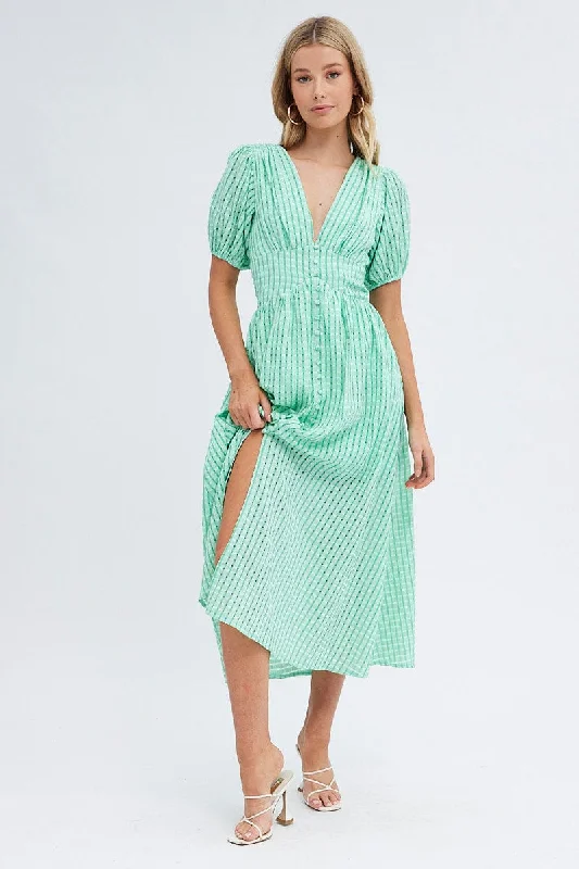 Sleek clingy dress-Green Check Check Puff Sleeve Midi Dress