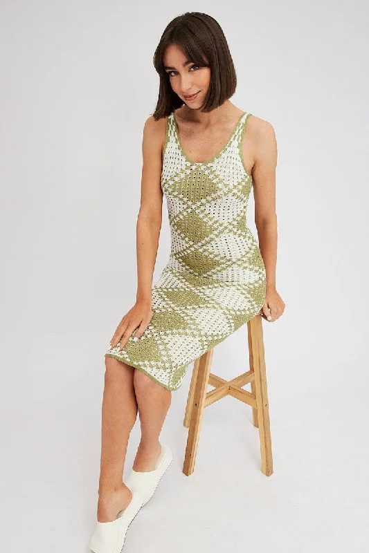 Pewter sleek dress-Green Check Knit Dress Midi