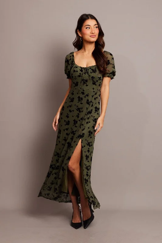 Exclusive evening dress-Green Ditsy Midi Dress Puff Sleeve