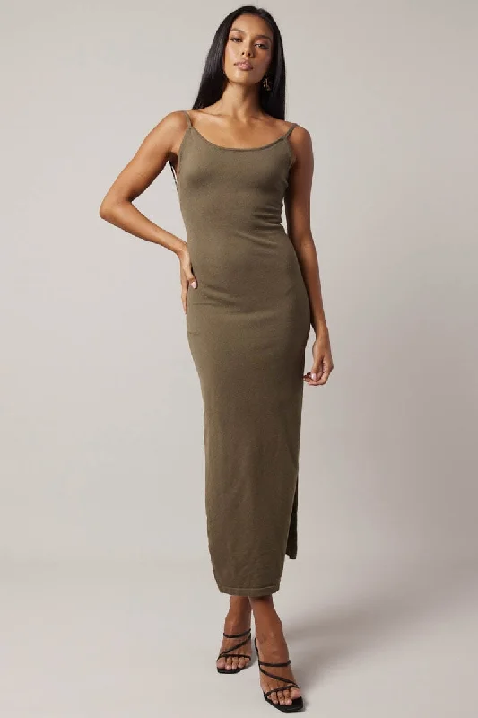 Elastic jersey dress-Green Knit Dress Sleeveless Maxi